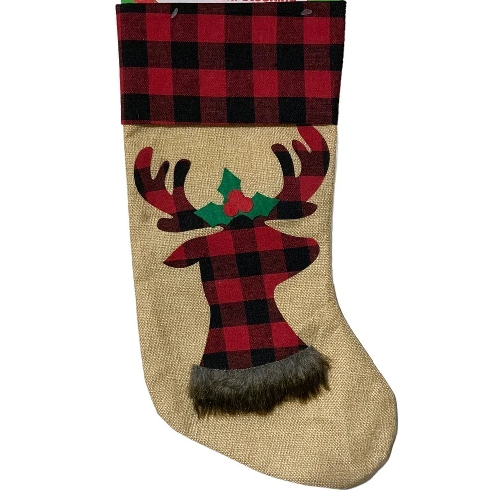 Christmas Stockings Reindeer Moose Holiday Buffalo Check Plaid 17 in 2 Piece Set